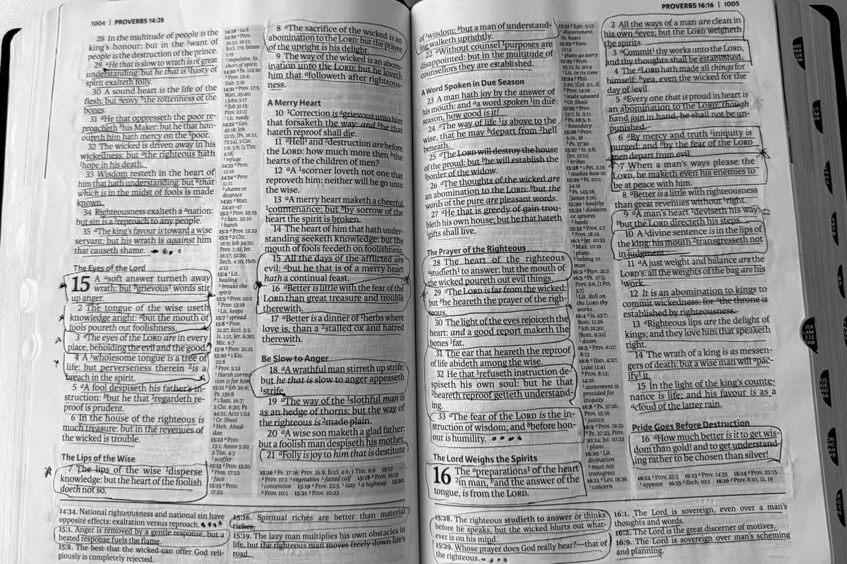 An open Bible at Proverbs 15